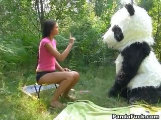 Voksen klipp i den skogen med en stor leketøy panda