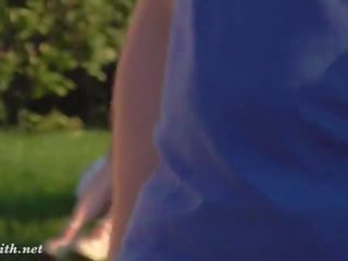 Jeny Smith walks in a park no panties upskirt views